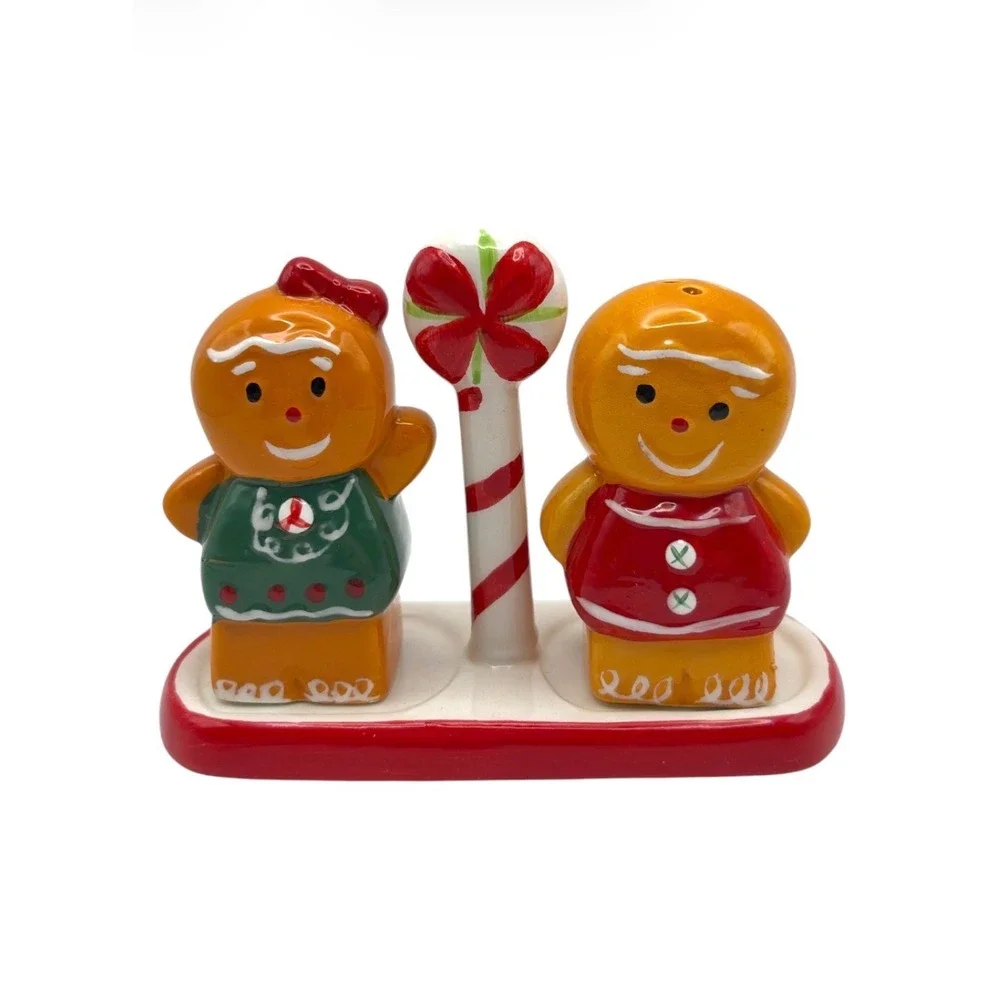 Christmas Gingerbread Boy & Girl Salt and Pepper Shakers Set with Candy Stand